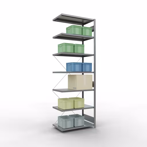 Produktbild Nr 12 des Artikels Anbauregal, Fachbodenregal Stecksystem MULTIplus330, 3000 x 1000 x 600 mm (HxBxT), 7 Fachböden, Kreuzstrebe, verzinkt Abbildung Nr 12 des Artikels Anbauregal, Fachbodenregal Stecksystem MULTIplus330, 3000 x 1000 x 600 mm (HxBxT), 7 Fachböden, Kreuzstrebe, verzinkt aus der Produktgruppe Stecksystem von der Marke Schulte Lagertechnik