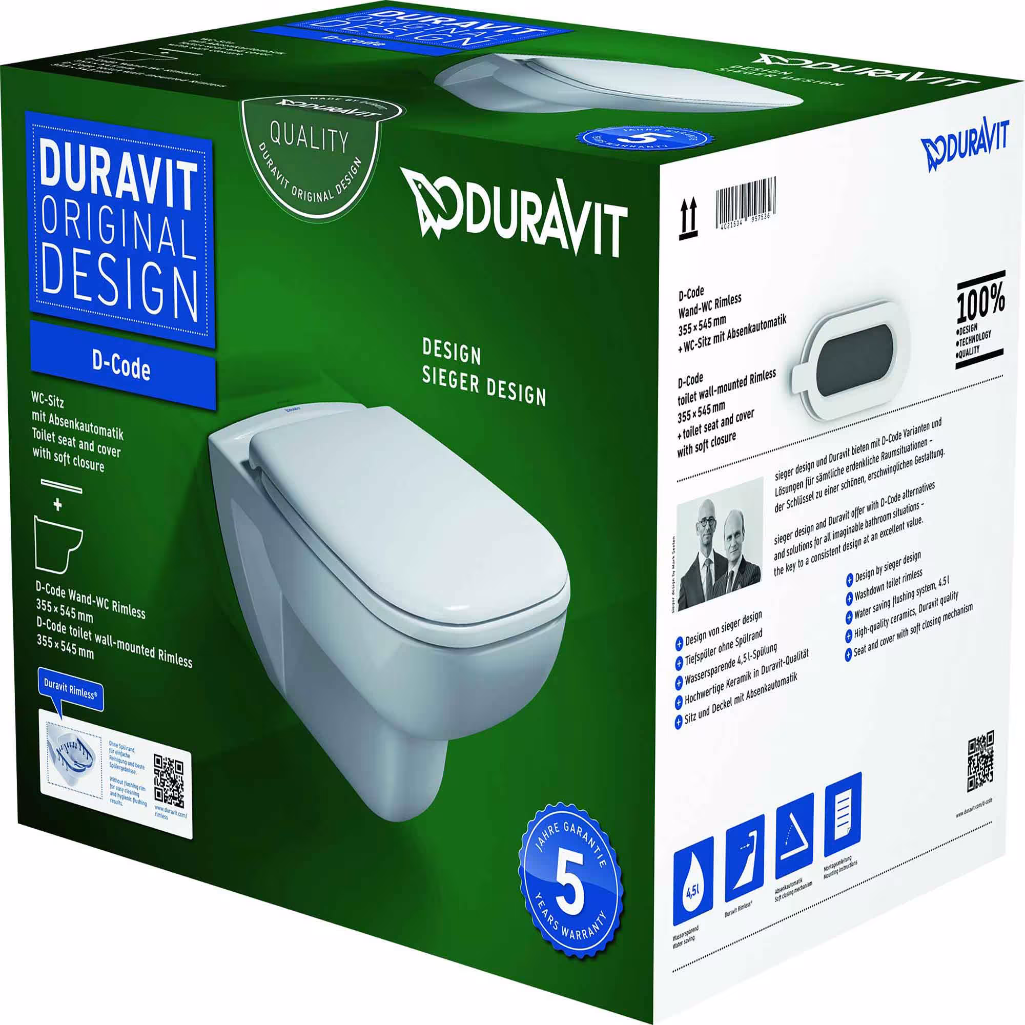 Set WC sospeso a cacciata DURAVIT D-Code, sospeso, senza brida, incluso sedile WC, design Sieger Design di Duravit WC DURAVIT sospesi e a pavimento design "D-Code", WC/WC, art. n. 7316373