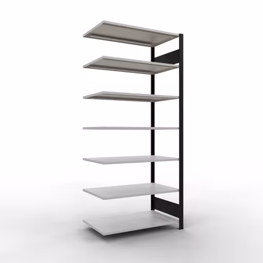 Anbauregal, Büro-Fachbodenregal Stecksystem MULTIplus150, 2300 x 1000 x 600 mm (HxBxT), 7 Fachböden, Längenriegel, ohne Mittelanschlag, schwarz/lichtgrau aus der Kategorie Stecksystem mit der Artikelnummer 36070-S