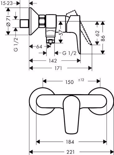 Technische Zeichnung 4062192 Hansgrohe Einhebel-Brausemischer TALIS E Nennweite 15 chrom