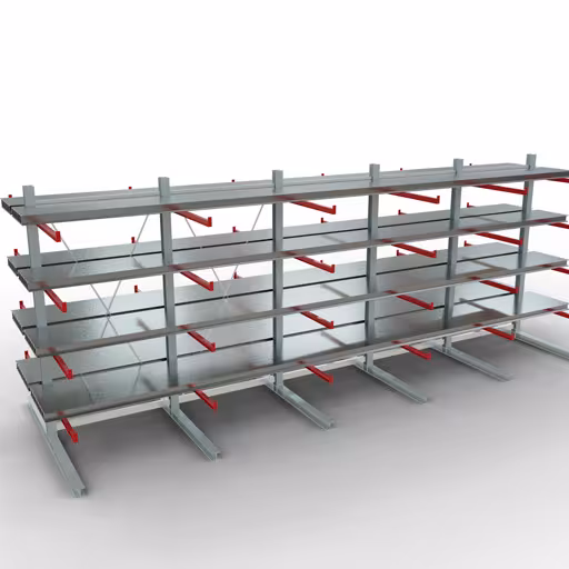 Abbildung Nr 12 des Artikels K 6000 Komplettregal, doppelseitig, 3000 x 2x 7500 x 2x 1250 mm, RAL 7001 / RAL 3000, 5 Lagerebenen aus der Produktgruppe Kragarmregale von der Marke Schulte Lagertechnik