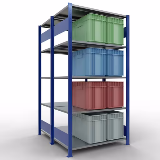 Grundregal, Doppelregal, Fachbodenregal Stecksystem MULTIplus150, 2000 x 1000 x (2x600) mm (HxBxT), 2x5 Fachböden, Längenriegel, RAL 5010 enzianblau von der Marke Schulte Lagertechnik aus der Produktreihe Fachbodenregale