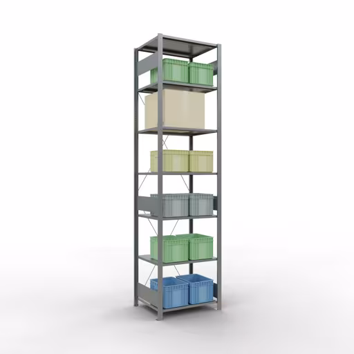 Zusatzbild des Artikels Grundregal, Fachbodenregal Stecksystem MULTIplus150, 3000 x 750 x 600 mm (HxBxT), 7 Fachböden, Kreuzstrebe, verzinkt aus Grundregal