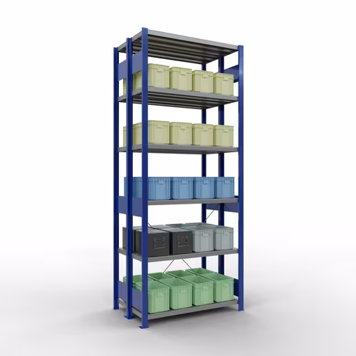 Produktbild Nr 15 des Artikels Grundregal, Doppelregal, Fachbodenregal Stecksystem MULTIplus250, 2500 x 1000 x (2x300) mm (HxBxT), 2x6 Fachböden, Kreuzstrebe, RAL 5010 enzianblau Abbildung Nr 15 des Artikels Grundregal, Doppelregal, Fachbodenregal Stecksystem MULTIplus250, 2500 x 1000 x (2x300) mm (HxBxT), 2x6 Fachböden, Kreuzstrebe, RAL 5010 enzianblau aus der Produktgruppe Fachbodenregale von der Marke Schulte Lagertechnik