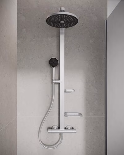 Ideal Standard Duschsystem CerathermAlu+ mit Brausethermostat, 2 Ablagen, 2-funktioniger Handbrause und 2-funktioniger Kopfbrause Silver