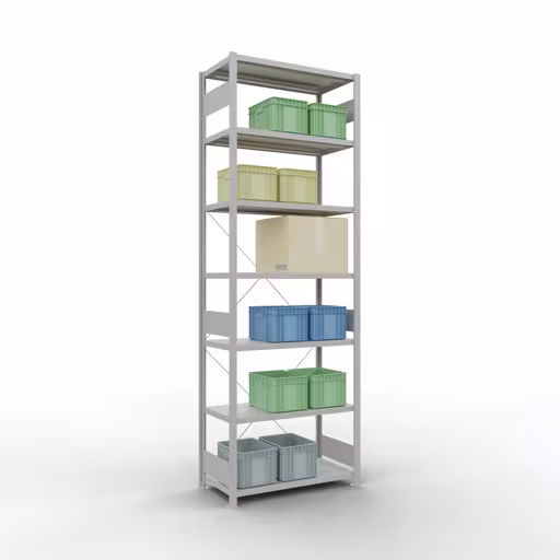 Grundregal, Fachbodenregal Stecksystem MULTIplus330, 3000 x 1000 x 500 mm (HxBxT), 7 Fachböden, Kreuzstrebe, RAL 7035 lichtgrau von der Marke Schulte Lagertechnik aus der Produktreihe Stecksystem