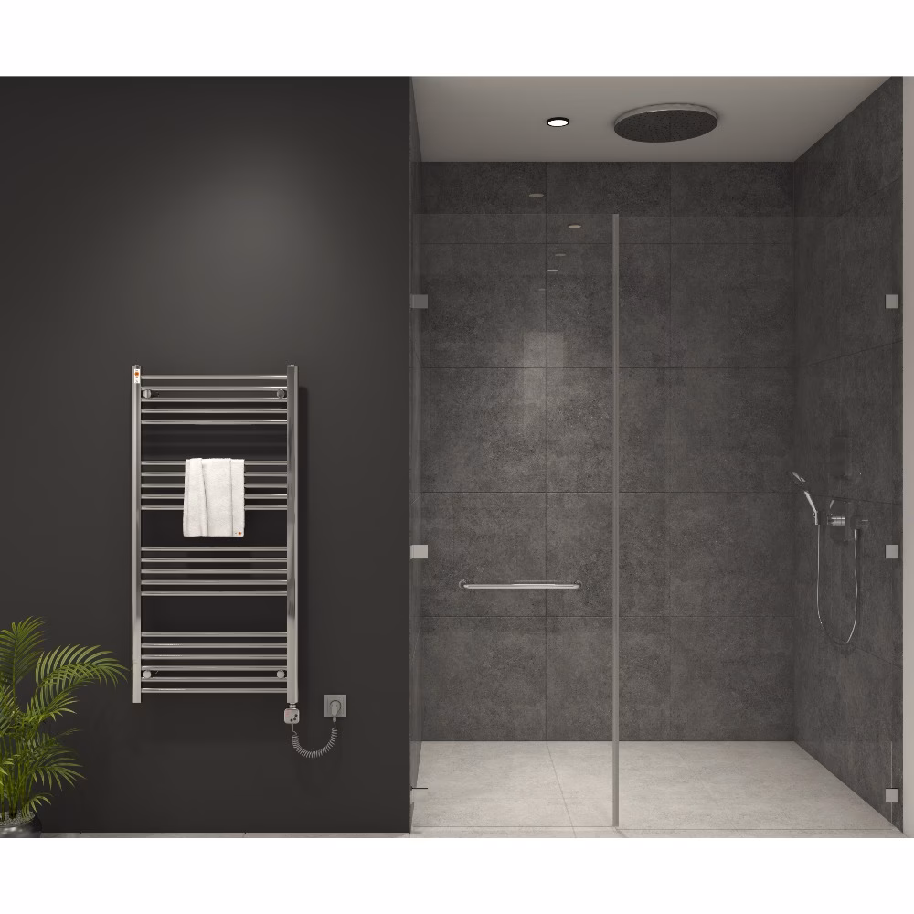 Radiateur de salle de bains électrique MERT, chromé, droit, 600 x 1200 mm avec contrôleur MERT KMX1 et élément chauffant de 400 watts, de la marque Mert Radiateur de salle de bain électrique MERT avec contrôleur KMX1, chromé, de la catégorie Radiateurs électriques, référence E3-60x120+KMX1-400W