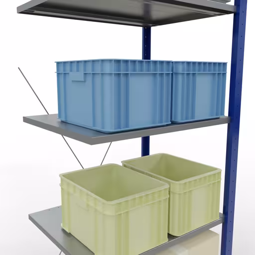 Anbauregal, Fachbodenregal Stecksystem MULTIplus150, 2000 x 750 x 600 mm (HxBxT), 5 Fachböden, Kreuzstrebe, RAL 5010 enzianblau/verzinkt/verzinkt von der Marke Schulte Lagertechnik aus der Produktreihe Stecksystem