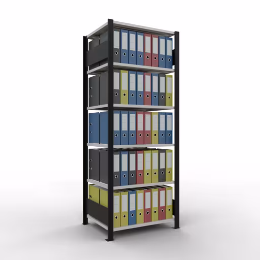 Grundregal, Büro-Fachbodenregal Stecksystem MULTIplus150, 2000 x 750 x 600 mm (HxBxT), 6 Fachböden, Längenriegel, ohne Mittelanschlag, schwarz/lichtgrau von Schulte Lagertechnik mit der Artikelnr. 36060-S