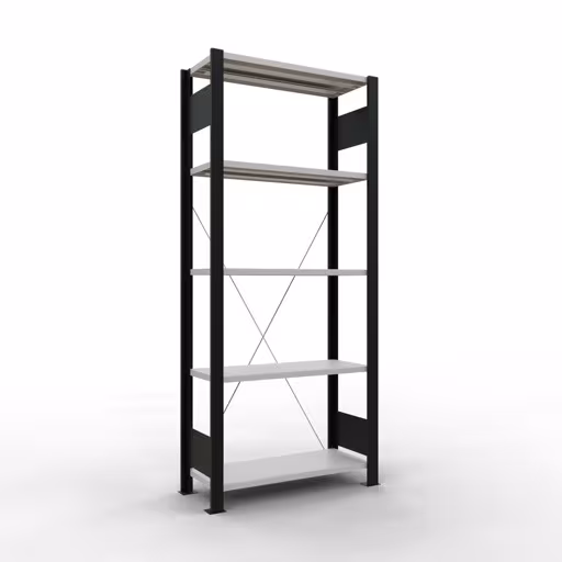 Grundregal, Büro-Fachbodenregal Stecksystem MULTIplus85, 1800 x 750 x 300 mm (HxBxT), 5 Fachböden, Kreuzstrebe, ohne Anschlagleiste, schwarz/lichtgrau aus der Kategorie Stecksystem mit der Artikelnummer 36018-S