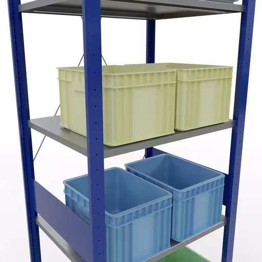 Zusatzbild des Artikels Grundregal, Fachbodenregal Stecksystem MULTIplus150, 3000 x 750 x 600 mm (HxBxT), 7 Fachböden, Kreuzstrebe, RAL 5010 enzianblau/verzinkt/verzinkt aus Grundregal
