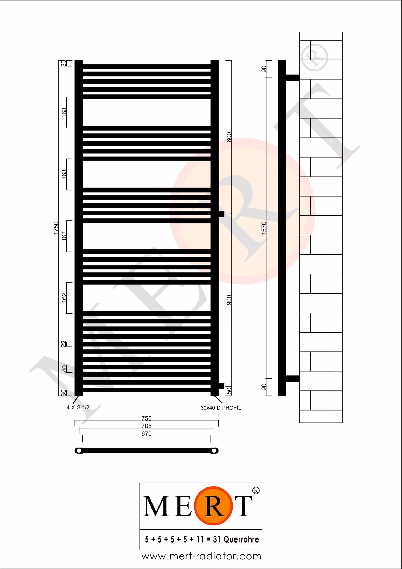 MERT Austausch Badheizkörper weiß gerade, 750*1750 mm, Anschluss an der Seite 900 mm von MERT mit der Artikelnr. 1-75x175-ASR-90