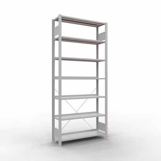 Grundregal, Büro-Fachbodenregal Stecksystem MULTIplus85, 2300 x 1000 x 300 mm (HxBxT), 7 Fachböden, Kreuzstrebe, mit Anschlagleiste, lichtgrau aus der Kategorie Stecksystem mit der Artikelnummer 36013