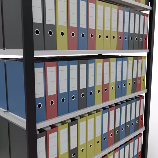 Produktbild Nr 12 des Artikels Grundregal, Büro-Fachbodenregal Stecksystem MULTIplus150, 2000 x 1300 x 600 mm (HxBxT), 6 Fachböden, Längenriegel, mit Mittelanschlag, schwarz/lichtgrau Abbildung Nr 12 des Artikels Grundregal, Büro-Fachbodenregal Stecksystem MULTIplus150, 2000 x 1300 x 600 mm (HxBxT), 6 Fachböden, Längenriegel, mit Mittelanschlag, schwarz/lichtgrau aus der Produktgruppe Büroregale von der Marke Schulte Lagertechnik