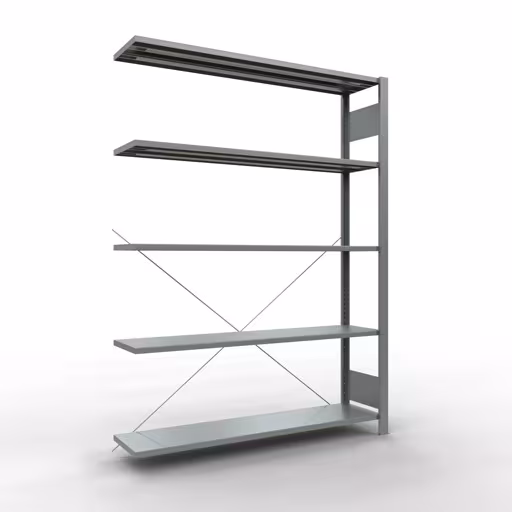 Anbauregal, Büro-Fachbodenregal Stecksystem MULTIplus85, 1800 x 1300 x 300 mm (HxBxT), 5 Fachböden, Kreuzstrebe, verzinkt, ohne Anschlagleiste aus der Kategorie Stecksystem mit der Artikelnummer 17723