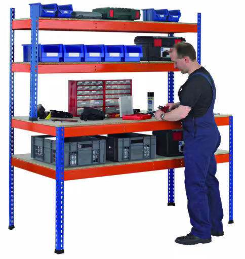 Z1-Packtisch mit Lagerebene und Regalaufsatz, 1981 x 1536 x 773/316 mm, blau/orange aus der Kategorie Packtische mit der Artikelnummer 18000-A1