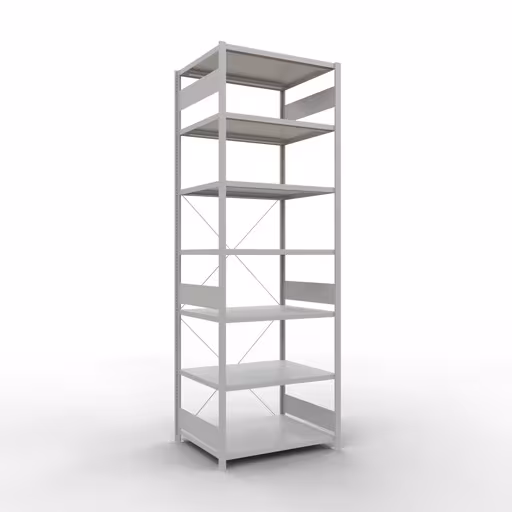 Grundregal, Fachbodenregal Stecksystem MULTIplus330, 3000 x 1000 x 800 mm (HxBxT), 7 Fachböden, Kreuzstrebe, RAL 7035 lichtgrau von der Marke Schulte Lagertechnik Grundregal, Fachbodenregal Stecksystem MULTIplus330, 3000 x 1000 x 800 mm (HxBxT), 7 Fachböden, Kreuzstrebe, RAL 7035 lichtgrau aus der Kategorie Grundregal mit der Artikelnummer 33882