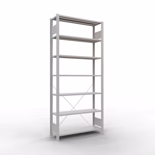 Grundregal, Büro-Fachbodenregal Stecksystem MULTIplus85, 2300 x 1000 x 300 mm (HxBxT), 7 Fachböden, Kreuzstrebe, ohne Anschlagleiste, lichtgrau aus der Kategorie Stecksystem mit der Artikelnummer 36031