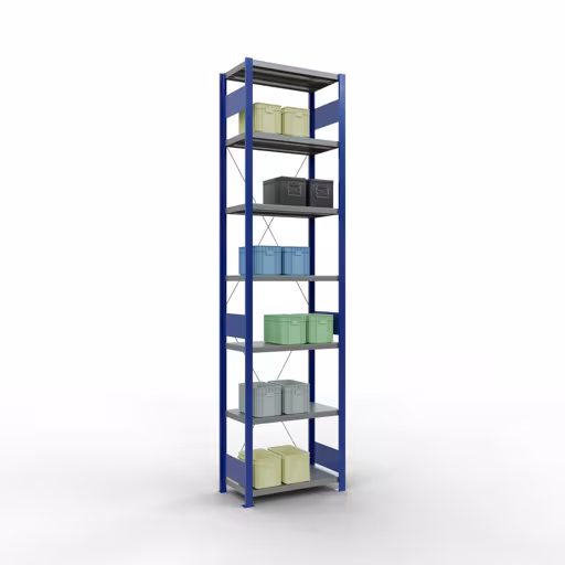 Produktbild Nr 12 des Artikels Grundregal, Fachbodenregal Stecksystem MULTIplus250, 3000 x 750 x 400 mm (HxBxT), 7 Fachböden, Kreuzstrebe, RAL 5010 enzianblau/verzinkt/verzinkt Abbildung Nr 12 des Artikels Grundregal, Fachbodenregal Stecksystem MULTIplus250, 3000 x 750 x 400 mm (HxBxT), 7 Fachböden, Kreuzstrebe, RAL 5010 enzianblau/verzinkt/verzinkt aus der Produktgruppe Stecksystem von der Marke Schulte Lagertechnik