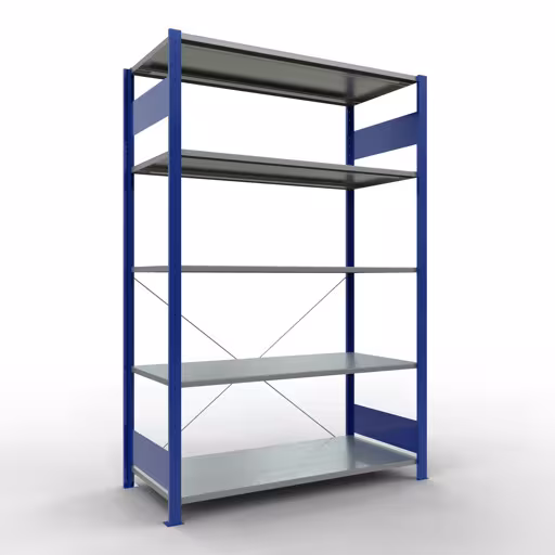 Andere Ansicht des Artikels Grundregal, Fachbodenregal Stecksystem MULTIplus150, 2000 x 1300 x 600 mm (HxBxT), 5 Fachböden, Kreuzstrebe, RAL 5010 enzianblau/verzinkt aus der Kategorie Stecksystem