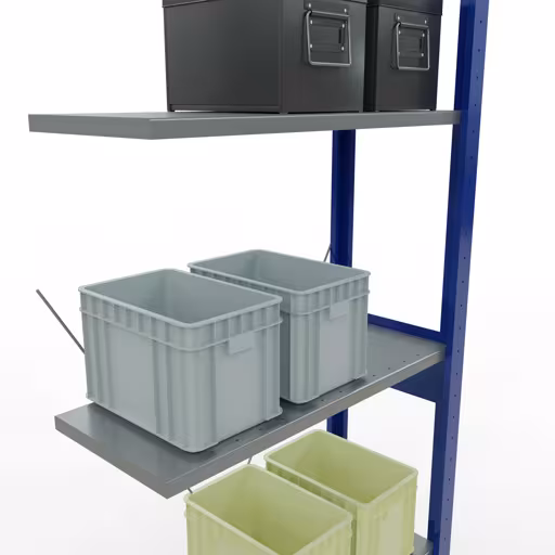 Anbauregal, Fachbodenregal Stecksystem MULTIplus150, 2500 x 750 x 300 mm (HxBxT), 6 Fachböden, Kreuzstrebe, RAL 5010 enzianblau/verzinkt/verzinkt mit der Artikelnr. 12736-75-B Anbauregal, Fachbodenregal Stecksystem MULTIplus150, 2500 x 750 x 300 mm (HxBxT), 6 Fachböden, Kreuzstrebe, RAL 5010 enzianblau/verzinkt/verzinkt von Schulte Lagertechnik aus der Kategorie Stecksystem