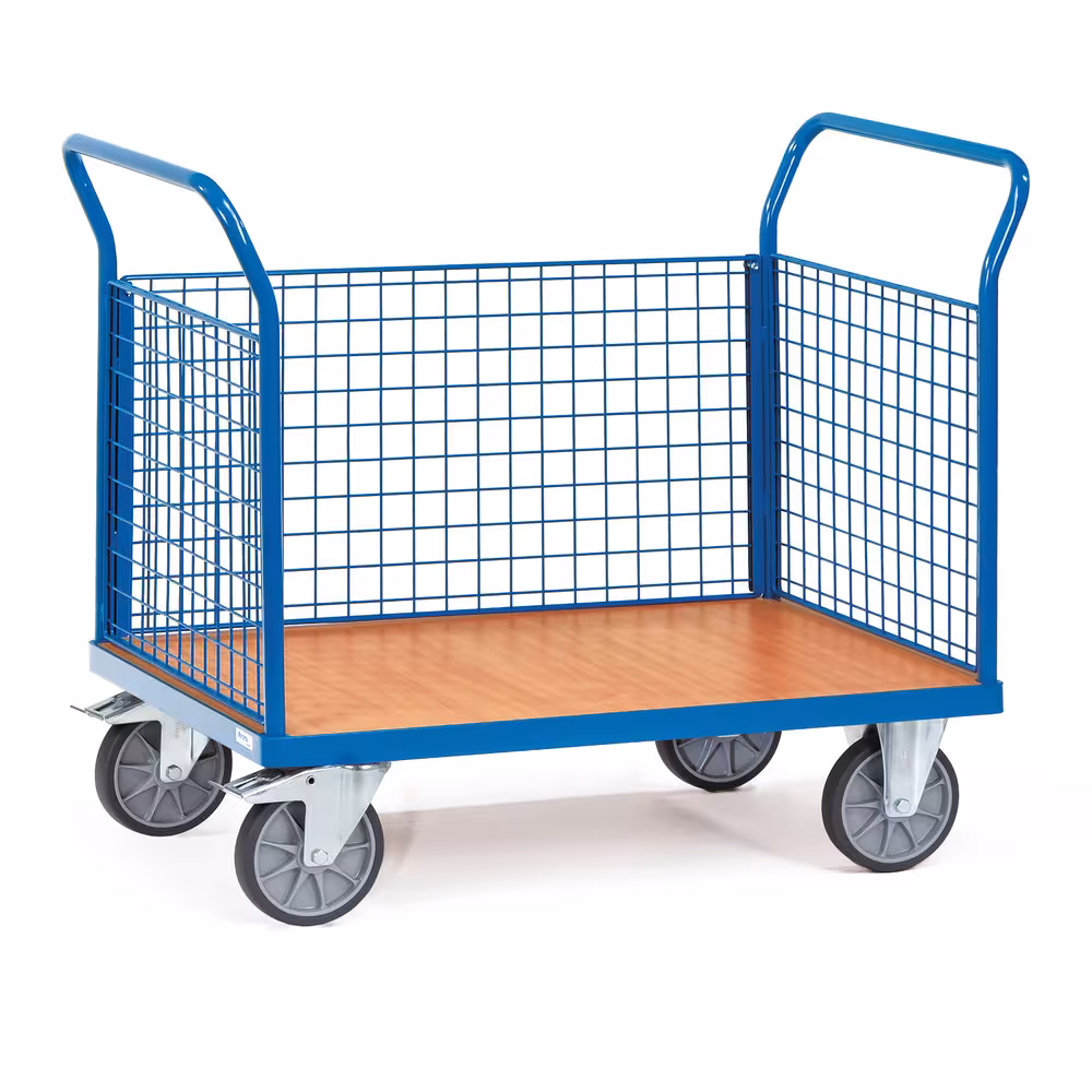 Dreiwandwagen Drahtgitter pulverbeschichtet RAL 5007, Plattform Holzwerkstoffplatte, Oberfläche Buchendekor aus der Kategorie Wagen