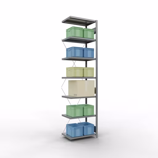 Produktbild Nr 13 des Artikels Anbauregal, Fachbodenregal Stecksystem MULTIplus250, 3000 x 750 x 500 mm (HxBxT), 7 Fachböden, Kreuzstrebe, verzinkt Abbildung Nr 13 des Artikels Anbauregal, Fachbodenregal Stecksystem MULTIplus250, 3000 x 750 x 500 mm (HxBxT), 7 Fachböden, Kreuzstrebe, verzinkt aus der Produktgruppe Stecksystem von der Marke Schulte Lagertechnik