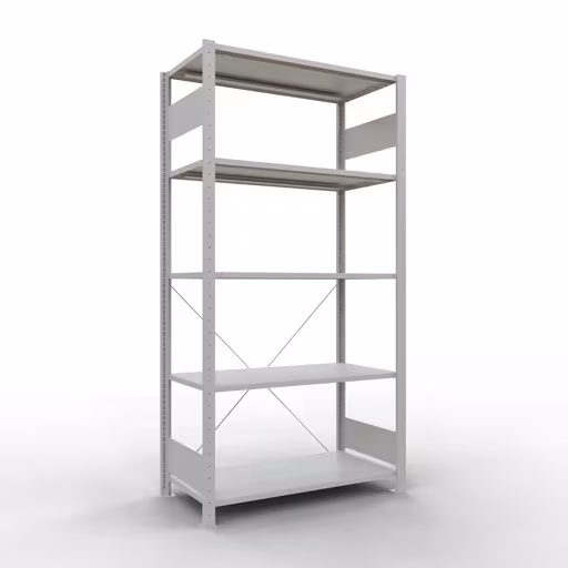 Grundregal, Fachbodenregal Stecksystem MULTIplus85, 2000 x 1000 x 500 mm (HxBxT), 5 Fachböden, Kreuzstrebe, RAL 7035 lichtgrau von der Marke Schulte Lagertechnik Grundregal, Fachbodenregal Stecksystem MULTIplus85, 2000 x 1000 x 500 mm (HxBxT), 5 Fachböden, Kreuzstrebe, RAL 7035 lichtgrau aus der Kategorie Grundregal mit der Artikelnummer 33050