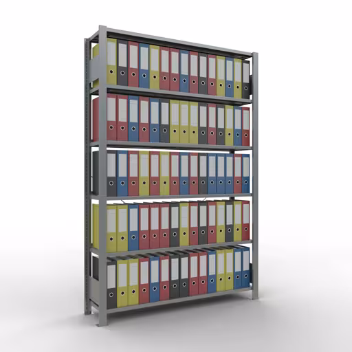 Grundregal, Büro-Fachbodenregal Stecksystem MULTIplus85, 2000 x 1300 x 300 mm (HxBxT), 6 Fachböden, Kreuzstrebe, verzinkt, mit Anschlagleiste von Schulte Lagertechnik mit der Artikelnr. 17708