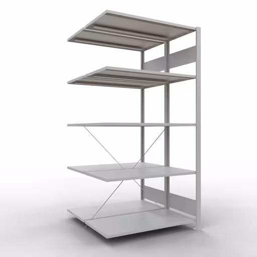 Weitere Ansicht des Artikels Anbauregal, Doppelregal, Fachbodenregal Stecksystem MULTIplus150, 2000 x 1000 x (2x500) mm (HxBxT), 2x5 Fachböden, Kreuzstrebe, RAL 7035 lichtgrau aus der Kategorie Fachbodenregale