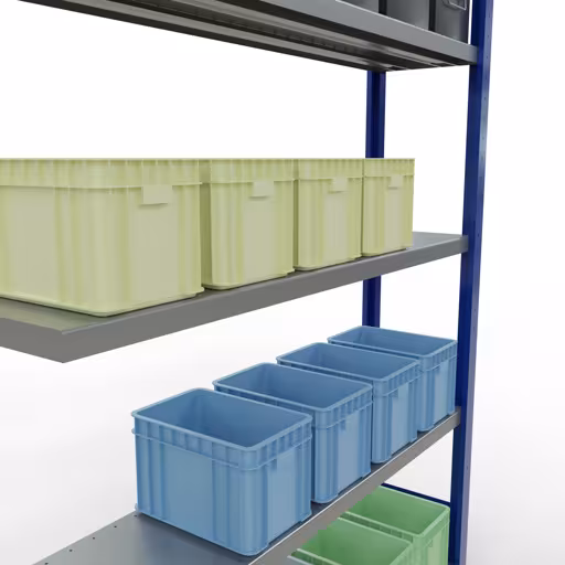Abbildung Nr 13 des Artikels Anbauregal, Fachbodenregal Stecksystem MULTIplus250, 2000 x 1300 x 300 mm (HxBxT), 5 Fachböden, Längenriegel, RAL 5010 enzianblau/verzinkt aus der Produktgruppe Stecksystem von der Marke Schulte Lagertechnik
