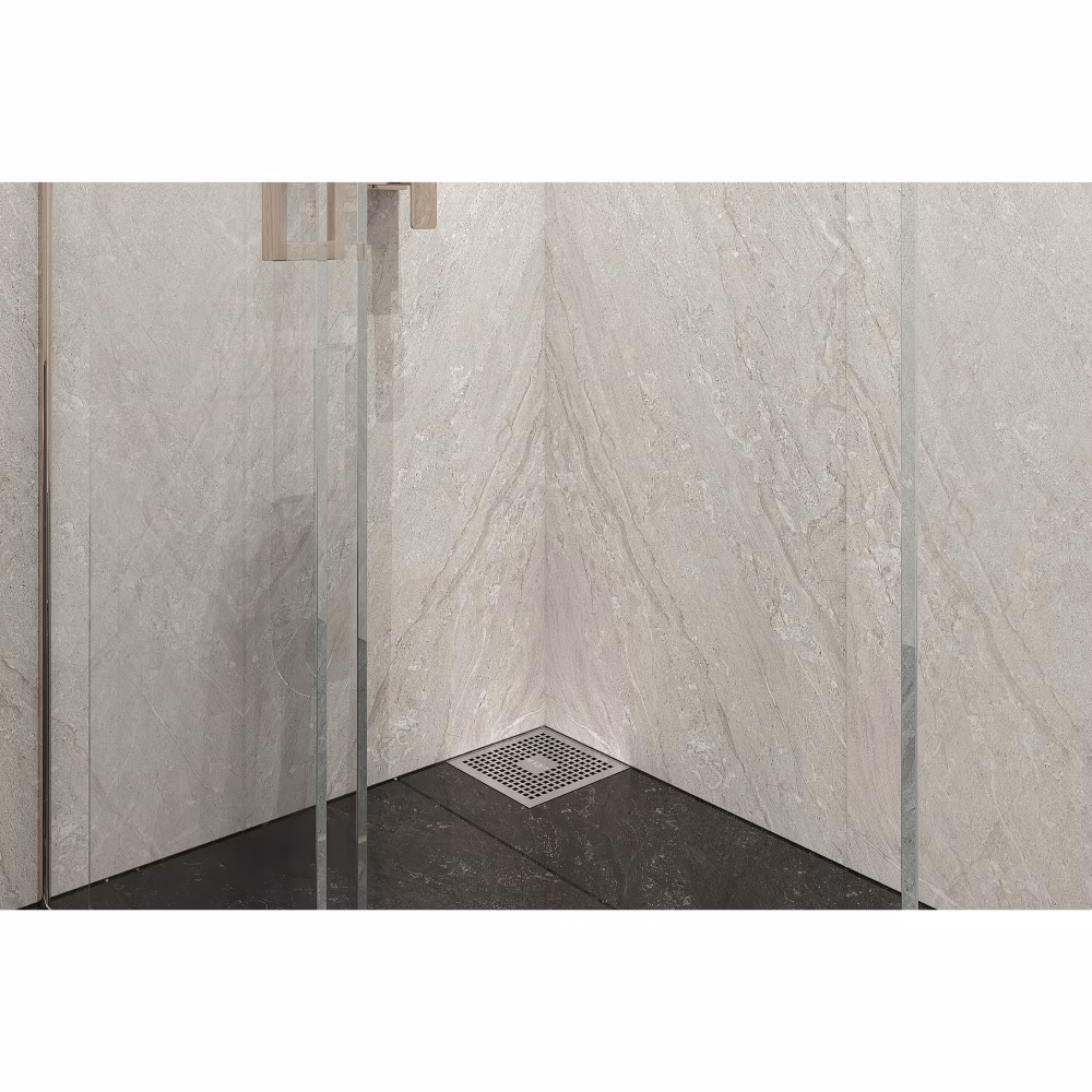 MERT ULTRA FLACH 20x20cm Bodenablauf Design "KARE" komplett aus Edelstahl, Ablauf DIN 50