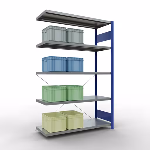 Produktbild Nr 14 des Artikels Anbauregal, Fachbodenregal Stecksystem MULTIplus250, 2000 x 1300 x 500 mm (HxBxT), 5 Fachböden, Kreuzstrebe, RAL 5010 enzianblau/verzinkt Abbildung Nr 14 des Artikels Anbauregal, Fachbodenregal Stecksystem MULTIplus250, 2000 x 1300 x 500 mm (HxBxT), 5 Fachböden, Kreuzstrebe, RAL 5010 enzianblau/verzinkt aus der Produktgruppe Stecksystem von der Marke Schulte Lagertechnik