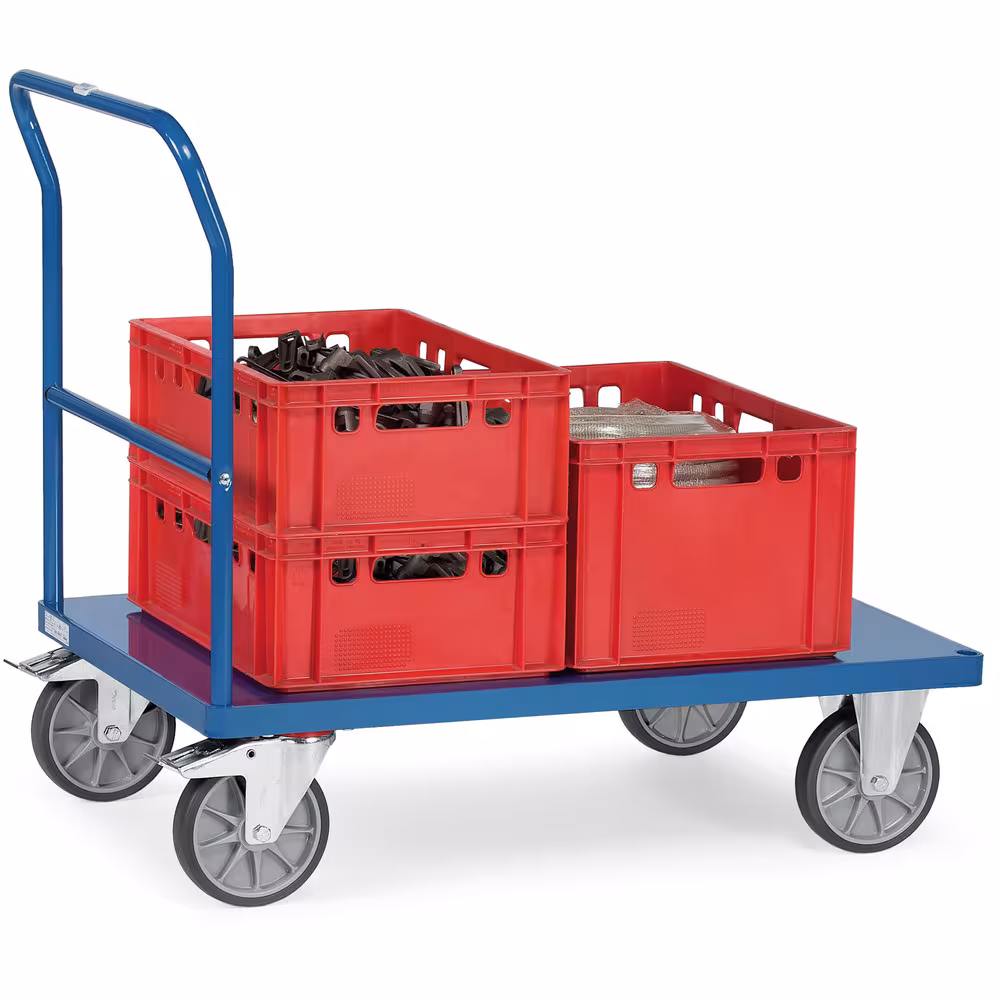 Schiebebügelwagen - Stahlblech bündig pulverbeschichtet RAL 5007, Plattform aus Stahlblech bündig mit Rahmen von der Marke Fetra aus der Kategorie Wagen