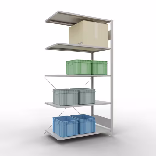 Abbildung Nr 14 des Artikels Anbauregal, Fachbodenregal Stecksystem MULTIplus85, 2000 x 1000 x 600 mm (HxBxT), 5 Fachböden, Kreuzstrebe, RAL 7035 lichtgrau aus der Produktgruppe Stecksystem von der Marke Schulte Lagertechnik