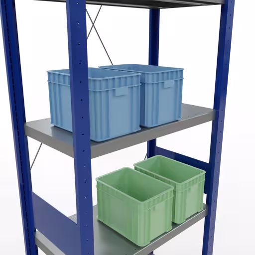 Grundregal, Fachbodenregal Stecksystem MULTIplus250, 3000 x 750 x 400 mm (HxBxT), 7 Fachböden, Kreuzstrebe, RAL 5010 enzianblau/verzinkt/verzinkt von der Marke Schulte Lagertechnik aus der Produktreihe Stecksystem