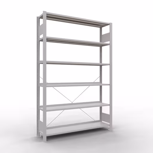 Grundregal, Büro-Fachbodenregal Stecksystem MULTIplus85, 2000 x 1300 x 300 mm (HxBxT), 6 Fachböden, Kreuzstrebe, mit Anschlagleiste, lichtgrau aus der Kategorie Stecksystem mit der Artikelnummer 36008