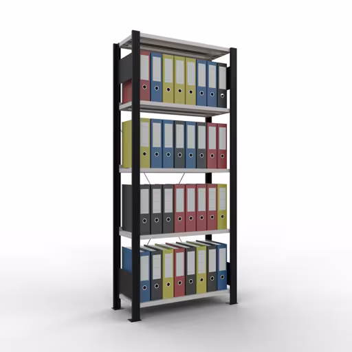 Abbildung Nr 14 des Artikels Grundregal, Büro-Fachbodenregal Stecksystem MULTIplus85, 1800 x 750 x 300 mm (HxBxT), 5 Fachböden, Kreuzstrebe, mit Anschlagleiste, schwarz/lichtgrau aus der Produktgruppe Büroregale von der Marke Schulte Lagertechnik