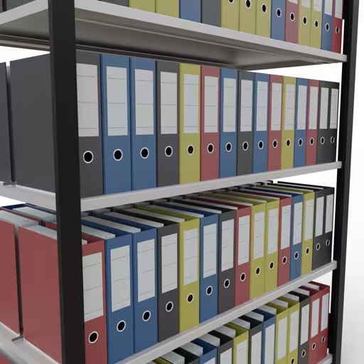 Produktbild Nr 12 des Artikels Grundregal, Büro-Fachbodenregal Stecksystem MULTIplus150, 1800 x 1300 x 600 mm (HxBxT), 5 Fachböden, Längenriegel, mit Mittelanschlag, schwarz/lichtgrau Abbildung Nr 12 des Artikels Grundregal, Büro-Fachbodenregal Stecksystem MULTIplus150, 1800 x 1300 x 600 mm (HxBxT), 5 Fachböden, Längenriegel, mit Mittelanschlag, schwarz/lichtgrau aus der Produktgruppe Büroregale von der Marke Schulte Lagertechnik