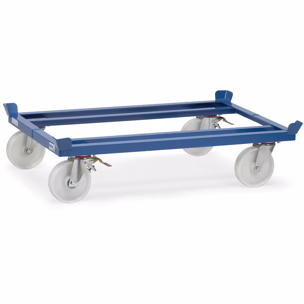 Paletten-Fahrgestell Trolley Robuste Winkelstahl-Schweißkonstruktion, mit 4 Fangecken, pulverbeschichtet blau RAL 5007 aus der Kategorie Paletten-Fahrgestelle