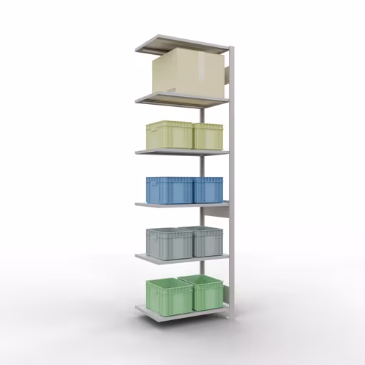 Anbauregal, Fachbodenregal Stecksystem MULTIplus150, 2500 x 750 x 500 mm (HxBxT), 6 Fachböden, Längenriegel, RAL 7035 lichtgrau mit der GTIN 4004514293121 Anbauregal, Fachbodenregal Stecksystem MULTIplus150, 2500 x 750 x 500 mm (HxBxT), 6 Fachböden, Längenriegel, RAL 7035 lichtgrau von Schulte Lagertechnik mit der Artikelnr. 32656-75-LR