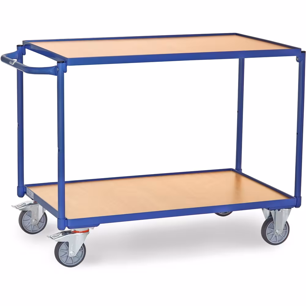 Tischwagen 300 kg 2 Etagen aus Stahlrohr und Profilstahl geschweißt, pulverbeschichtet brillantblau RAL 5007, 2 Böden aus Holzwerkstoffplatte aus der Kategorie Tischwagen