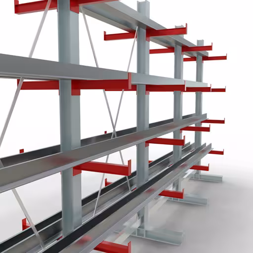 Abbildung Nr 9 des Artikels K 3000 Komplettregal, doppelseitig, 2500 x 5200 x 400 mm, RAL 7001 / RAL 3000, 5 Lagerebenen aus der Produktgruppe Kragarmregale von der Marke Schulte Lagertechnik