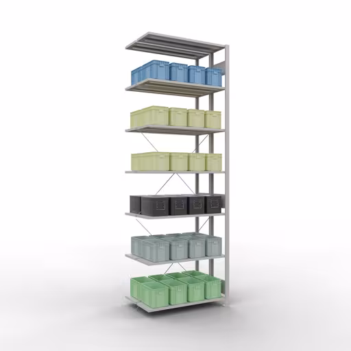 Andere Ansicht des Artikels Anbauregal, Doppelregal, Fachbodenregal Stecksystem MULTIplus150, 3000 x 1000 x (2x600) mm (HxBxT), 2x7 Fachböden, Kreuzstrebe, RAL 7035 lichtgrau aus der Kategorie Fachbodenregale