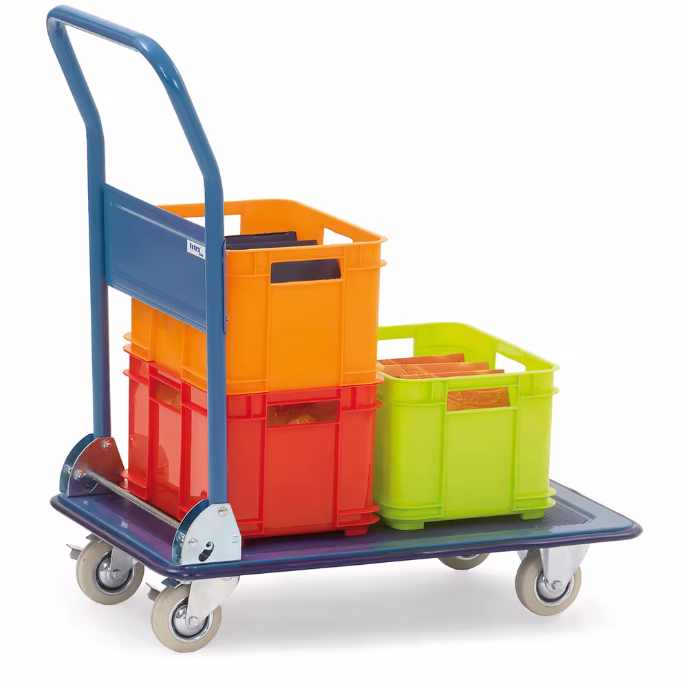 Ganzstahlwagen mit Plattform aus Stahlblech gepresst, pulverbeschichtet blau RAL 5007 Ausführung Ladeflächenbreite: 480 mm mit der GTIN 4017976031002 Ganzstahlwagen 3100 Breite 480 mm, Länge 740 mm von Fetra mit der Artikelnr. 3100