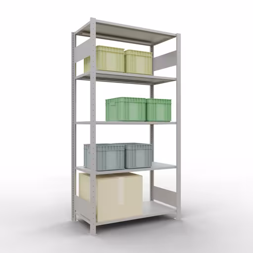 Grundregal, Fachbodenregal Stecksystem MULTIplus85, 2000 x 1000 x 500 mm (HxBxT), 5 Fachböden, Längenriegel, RAL 7035 lichtgrau von Schulte Lagertechnik mit der Artikelnr. 33050-LR