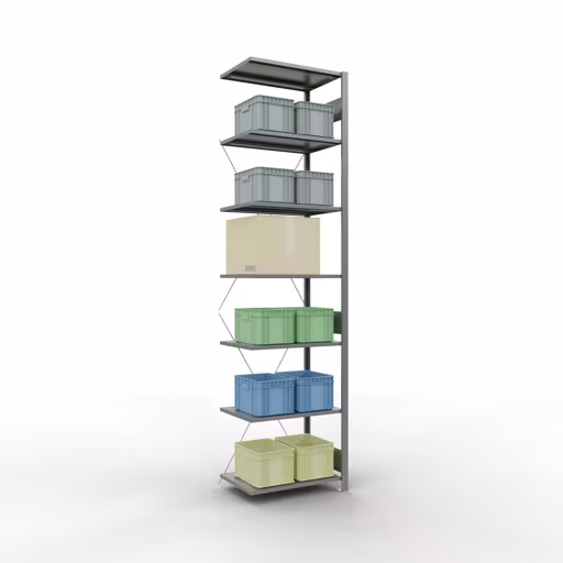 Anbauregal, Fachbodenregal Stecksystem MULTIplus150, 3000 x 750 x 500 mm (HxBxT), 7 Fachböden, Kreuzstrebe, verzinkt mit der GTIN 4004514205025 Anbauregal, Fachbodenregal Stecksystem MULTIplus150, 3000 x 750 x 500 mm (HxBxT), 7 Fachböden, Kreuzstrebe, verzinkt von Schulte Lagertechnik mit der Artikelnr. 12757-75