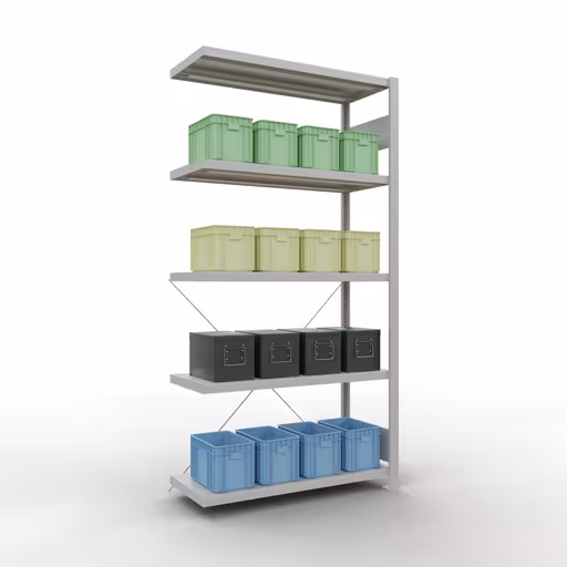 Produktbild Nr 12 des Artikels Anbauregal, Fachbodenregal Stecksystem MULTIplus330, 2000 x 1000 x 400 mm (HxBxT), 5 Fachböden, Kreuzstrebe, RAL 7035 lichtgrau Abbildung Nr 12 des Artikels Anbauregal, Fachbodenregal Stecksystem MULTIplus330, 2000 x 1000 x 400 mm (HxBxT), 5 Fachböden, Kreuzstrebe, RAL 7035 lichtgrau aus der Produktgruppe Stecksystem von der Marke Schulte Lagertechnik