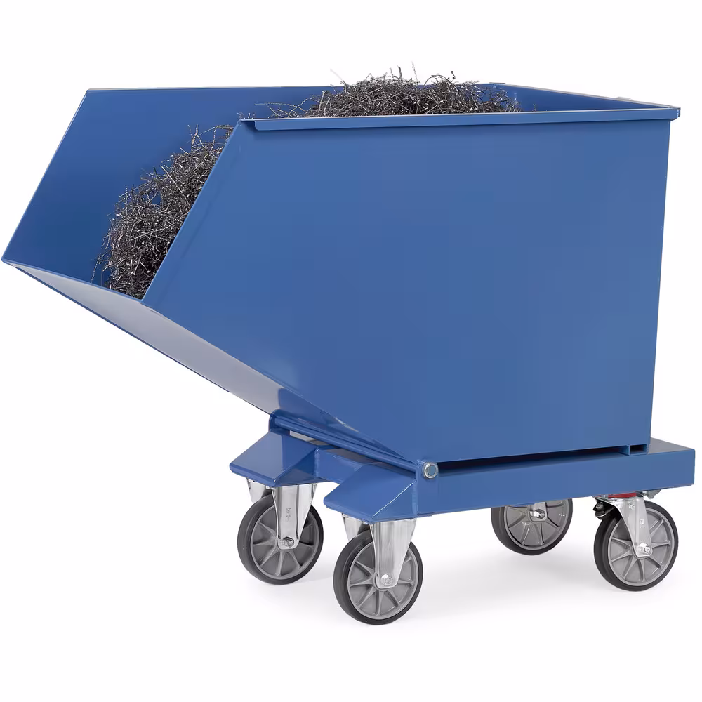 Produktgruppe Muldenkipper mit Ablasshahn mit kippbar gelagerter Mulde aus 2 mm starkem Stahlblech, Rand oben zweimal umgekantet Muldenkipper 4702A mit ABLASSHAHN Inhalt 450 Liter von der Marke Fetra aus der Kategorie Transportsysteme