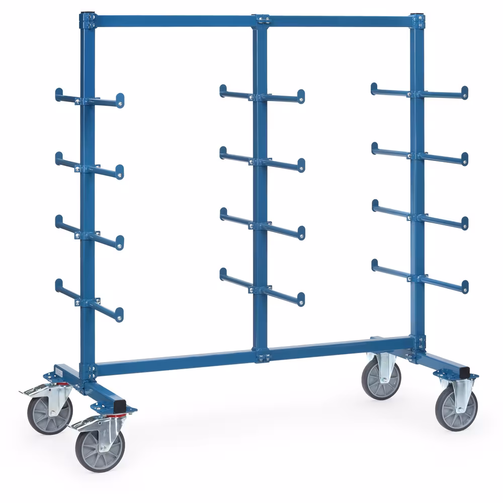 Tragarmwagen zweiseitig Abrollsicherung Rollen-Traversen, Pfosten und Streben durch kräftige Schraubschellen verbunden von Fetra Tragarmwagen zweiseitig Abrollsicherung Rollen-Traversen, Pfosten und Streben durch kräftige Schraubschellen verbunden aus der Kategorie Etagenwagen